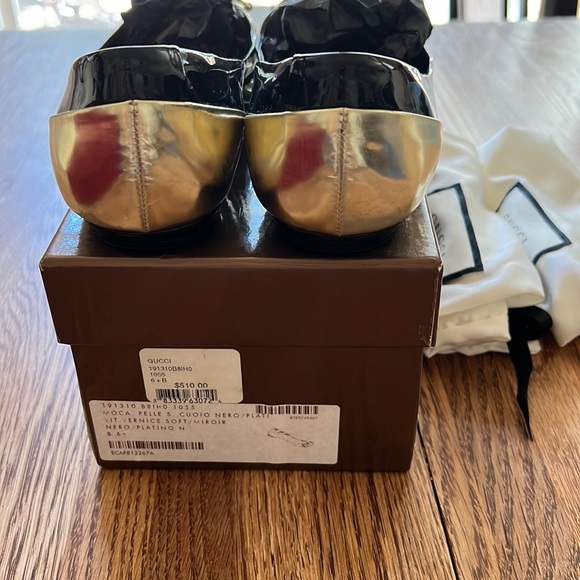 Gucci Moca Pelle Cuoio Nero/ Plati VIT. Vernice Soft/ Miroir Flats Size 6.5 - Picture 3 of 9